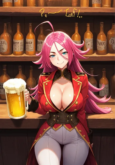 High resolution,  masterpiece, necessary,  The best quality, Detail, quality,  lyrics,  very detailed

1girl, solo, chop beer

Francis drake, francis drake fate  grand order,  long hair , pink hair, white pants, smile, Ojos cerrados, Feliz, Dientes, 

Bar,...