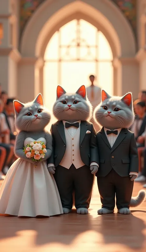 ultra hd,surrealism,3d,close up,hyper detailed.professional photographer, four characters,cat (female gray wearing a wedding dress),white shoes with a cheerful face full of love,second character,(big gray cat,wearing a wedding suit)with a sweet smiling fac...