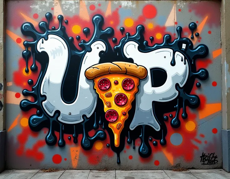 Make me a vertical graffiti mural with an isotype of U and P with a piece of pizza in the middle but that has many more elements around pizza that is black and white with some colors