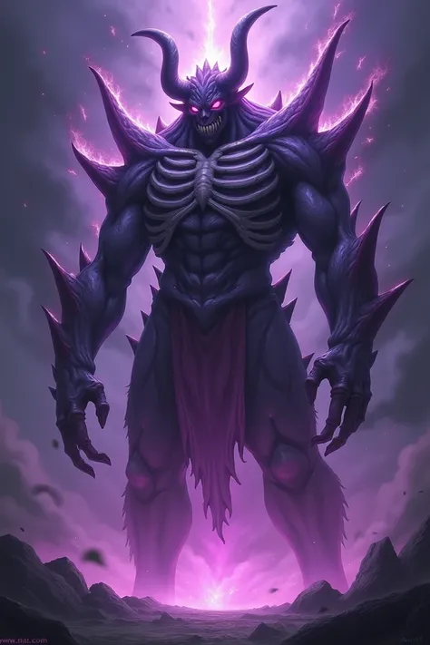 Susanoo from Naruto  , giant skeletal entity with demonic appearance, in shades of purple . The entity has horns and glowing eyes .