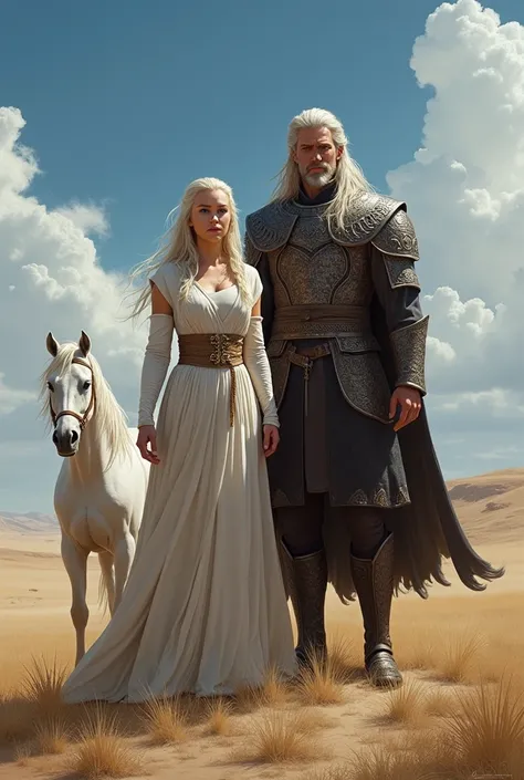 Draw me Deineris Targaryen together with Khal Drogo.  Meal white horse next to Deineris and black horse next to Drogo. As a background, draw steppe 