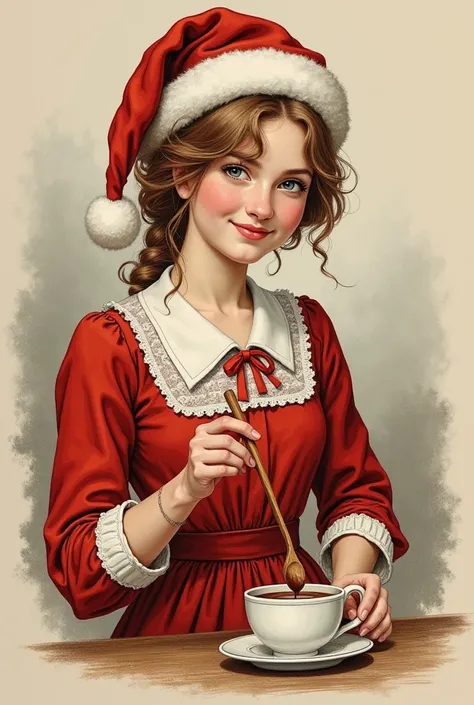 illustration type gravure d une jeune fille, 17 ans, Châtin claire, vêtue dune robe rouge et dun bonnet de père Noël qui pose pour une toile, elle mélange proprement du chocolat liquide avec une cuillère en bois, en souriant. Une illustration type gravure ...