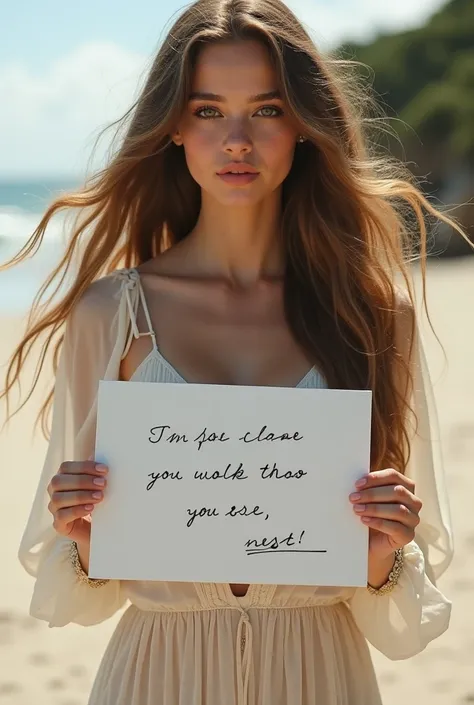 Beautiful girl with wavy long hair, bohemian dress, holding a white board with text "I Love Seaart Infinity" and showing it to the viewer naked