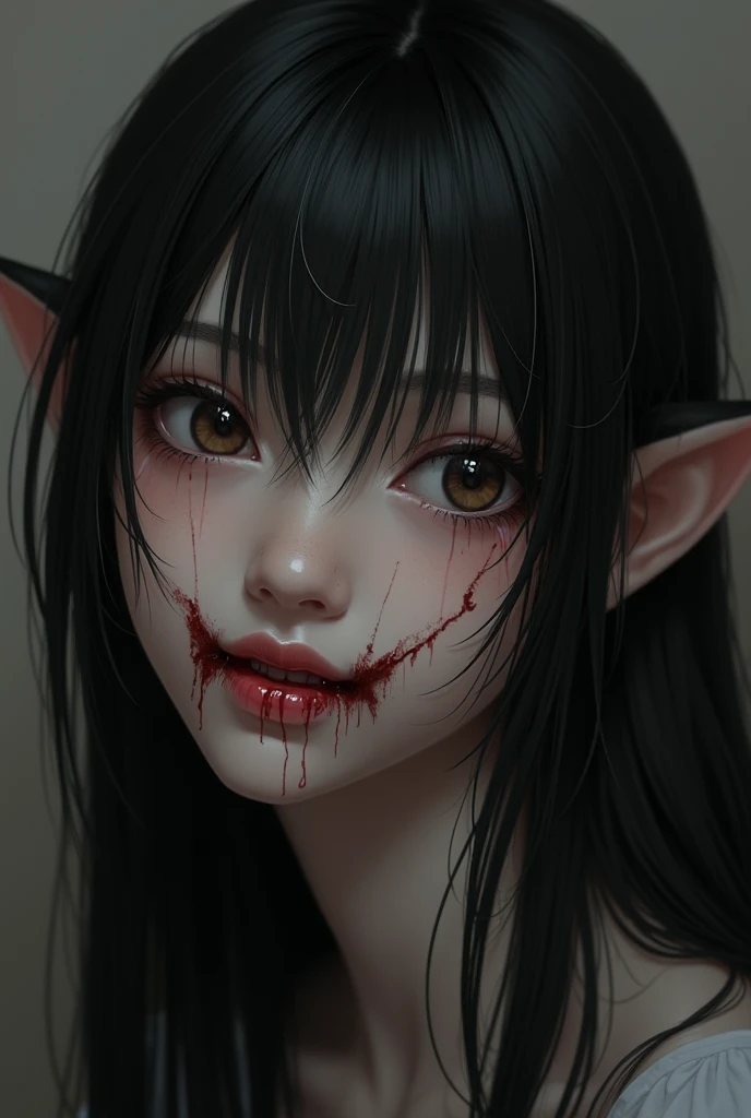 Realistic images、 surrenders、Realistic、 dirty hair 、Long Hair, Smirk、 best quality, Accurate, masterpiece, Long Hair, My face is full of scars 、 I have blood coming out of my gums 、The whites of the eyes、devilに取り憑かれている、Girl&#39;s Appearance、devil、 my mouth...