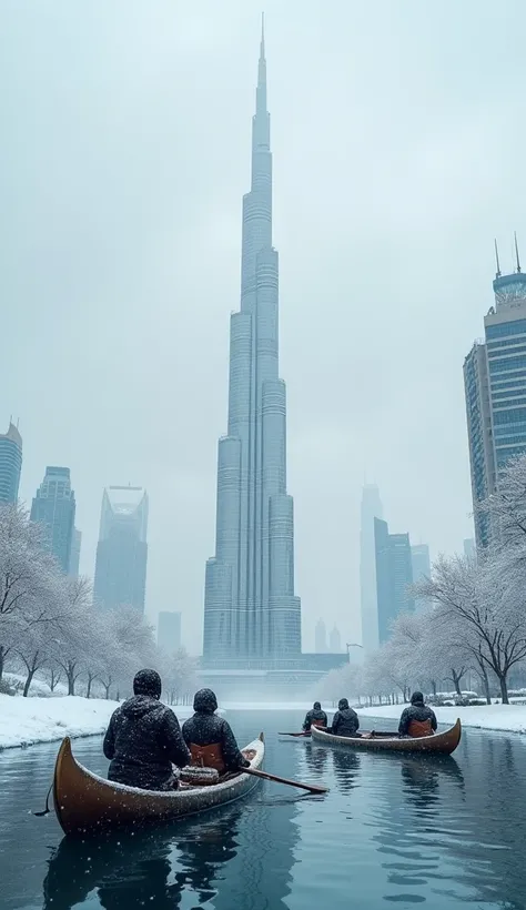 dubai winter outside snow burj khalifa people riding canoe  