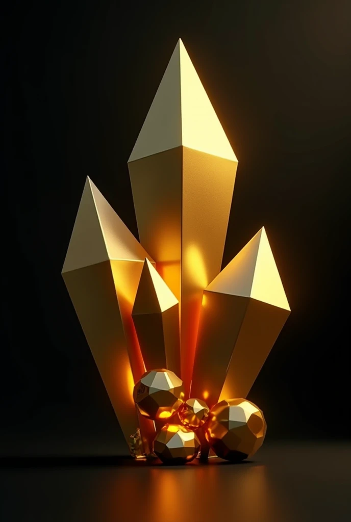 simpilified golden crystal styles shapes with black background, graphic design style, 3d
