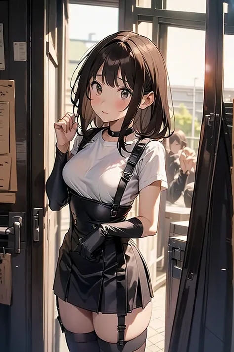 Brown hair、watching at viewers　　　black suspenders　　　Bulging big breasts　　 　 　　　walls: 　Black miniskirt　garters　　　　　　Gaze　　　Small face　bangss 　　　holster　　　Beautuful Women　　hands up　　レッグholster ベッドに横たわる　　Gaze 　black boots panty shot　provocation　flank　flank汗　...