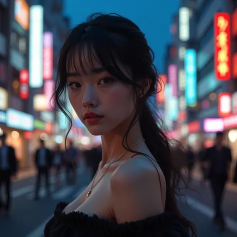 1 girl, tokyo street, Evening, urban landscape, City Lights,  upper body, big, neckline, sexy,  close, 8K, raw photo, of the highest quality,  masterpiece, realistic, photorealistic,