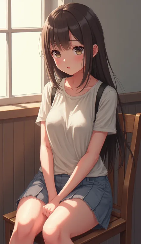  An anime girl sitting on a chair and crossing her legs 。 realistic painting-style digital art by Makoto Shinkai 。 drawn under soft lighting 、 realistic anime characters typical of high school students。 in a trendy style on CGStation and Pixiv 、A style wit...