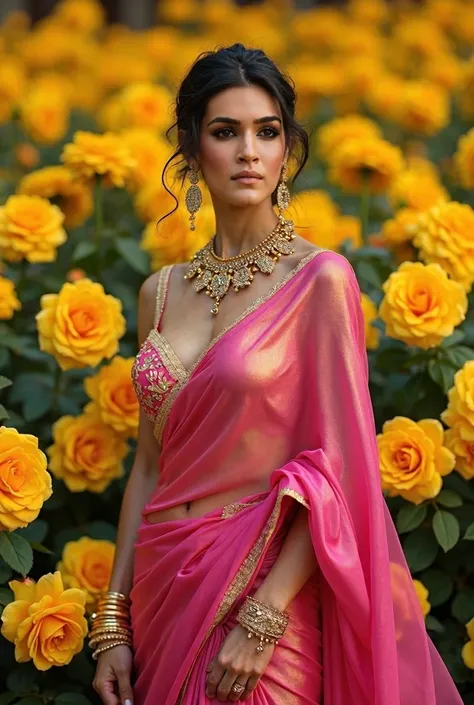 sexy tall woman, ample cleavage, Best quality, high resolution, Masterpiece: 1.3), A beautiful woman in a pink sari and gold jewelry, Standing in front of a sea of yellow roses, Exquisitely detailed, Artgerm style, Hyperrealistic, Extremely attractive, All...