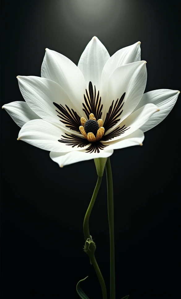 Amapola white, black and gold flower, artistic conception, Light shines straight down from above