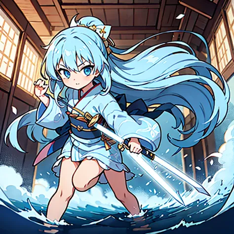 1girl light blue hair long hair blue eyes kimono holding a sword running