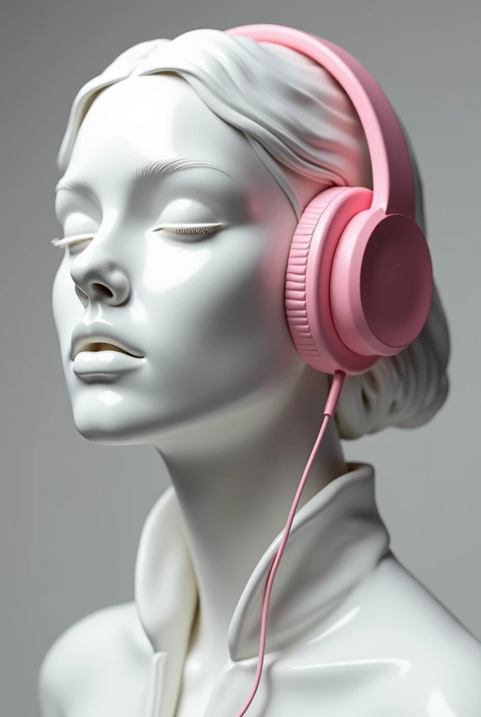 a close up of a statue of a woman with headphones on, porcelain holly herndon statue, with head phones, with headphones, holly herndon origami statue, wearing headphones, girl wearing headphones, listening to music, headphones on head, headphones, inspired...