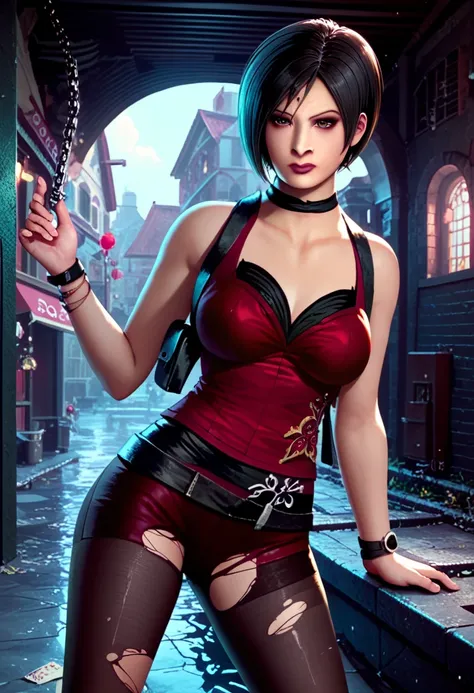 ( top quality )), (( Masterpiece)), (Familiar with),  perfect face , Big eyes,  eyelash, (resident evil), (ada wong), background, Drain , Short hair, Black hair, Brown eyes, Pupil ,   big breasts , Breakout sleep , Black long tights , Torn clothes