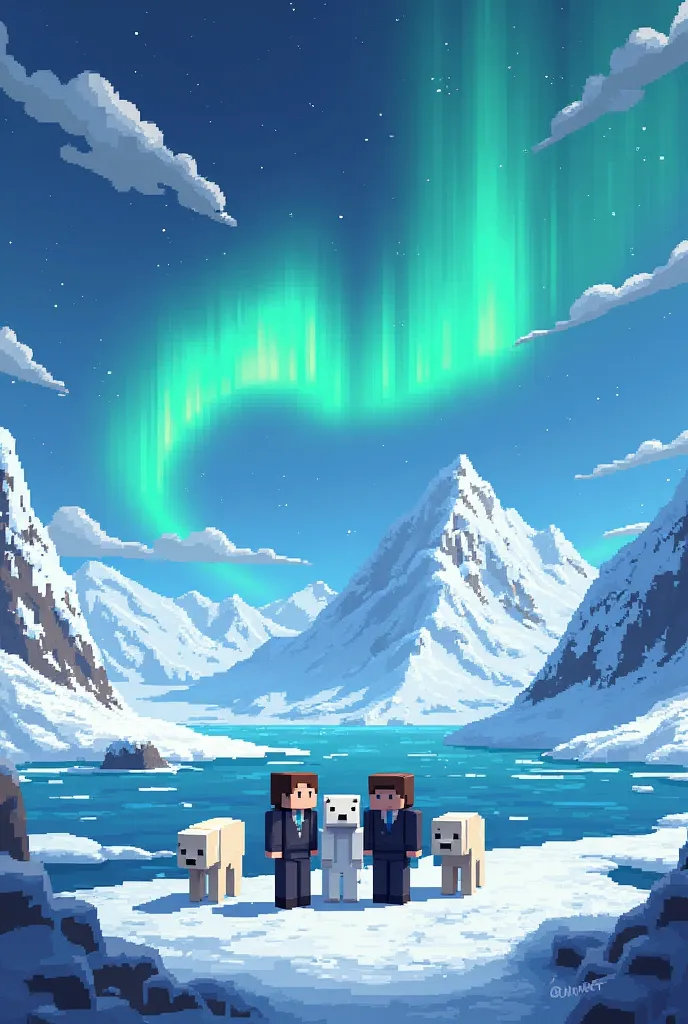  Minecraft style 、 Minecraft、 pixel 、8bit、Above the glacier 、Ice World、 Minecraft polar bears and avatars are standing、The background is the aurora