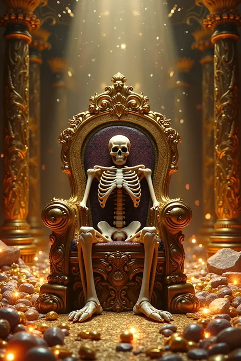 The room filled with gold and jewels ,  with the throne of bones in the center and the skull shining.