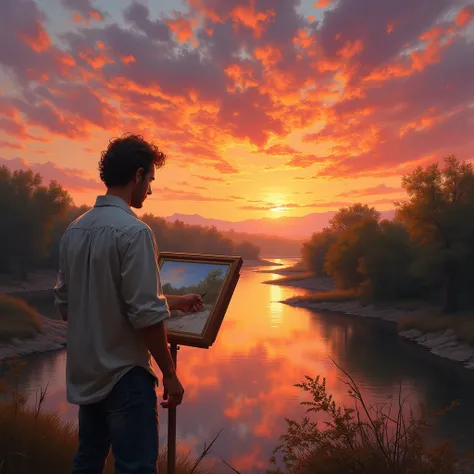 A seasoned painter stands near a winding river at golden hour, portraying the swirling, ever-changing sky. The scene features vivid scarlet, mauve, and honey shades, swirling like liquid fire reflected on the water’s surface. The painter, in a loose shirt ...