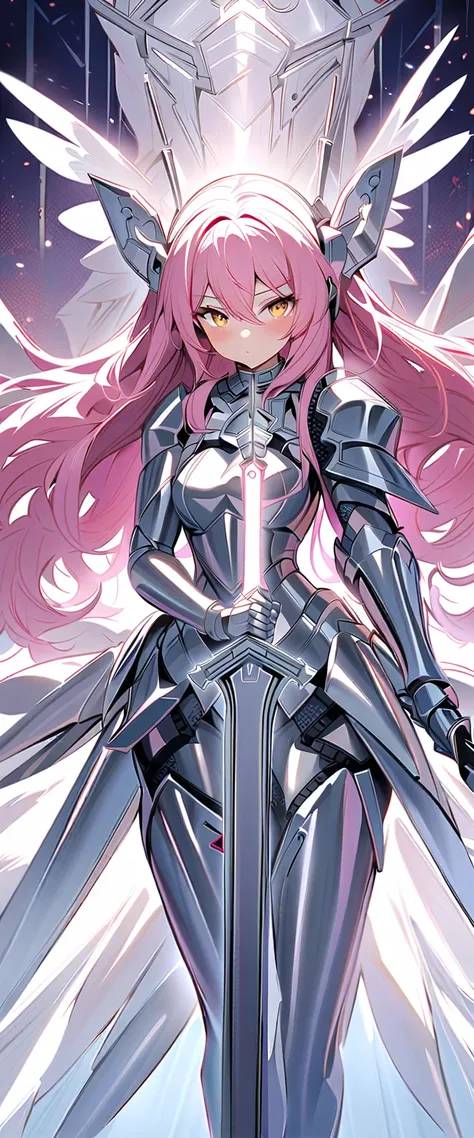 (masterpiece),  best quality,  1 girl , Hatsune Miku, Valkyrie ,  angel knight in white dress and silver armor, Shiny Armor, High Gloss Armor, Reflective Metal Armor,  has a sword, (length_sword), pink length curly hair, Yellow Eyes, Wings, White costume, ...