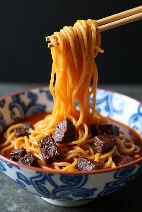  a bowl of noodles, The noodles are coated in a rich, dark, glossy sauce, giving them a savory and umami-packed appearance. Scattered throughout the dish are chunks of tender steak, seared to perfection, adding a hearty and indulgent element. The blue-and-...