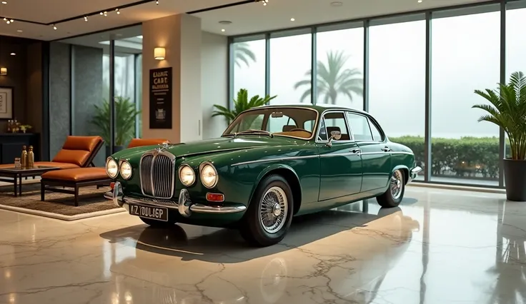 A classic 1970 Jaguar XJ displayed in an elegant and modern showroom. The car is a pristine British Racing Green color with polished chrome detailing, parked on a glossy marble floor. The showroom has large glass windows, allowing natural light to flood in...