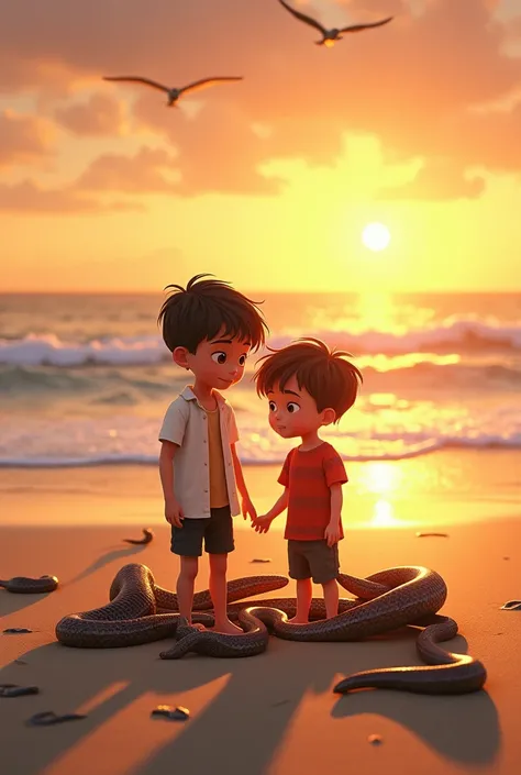 Boy siblings and snakes on the sandy beach of the ocean at sunset