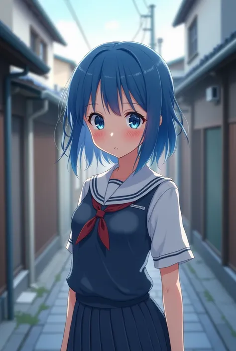  High resolution,  blue hair,  Japanese teenager ,  in high school uniform ,  rosy cheeks , smile,  small nose , cara angelical, little chest, slim, com embarrassing pose ,  Japanese alley background