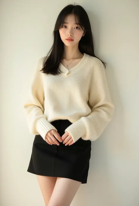 Full body portrait of Korean woman, 20s, height 165cm, slim build, soft oval face, innocent round eyes with subtle double eyelids, small curved lips with coral tint, straight black hair reaching mid-back with face-framing layers, natural gradient makeup wi...