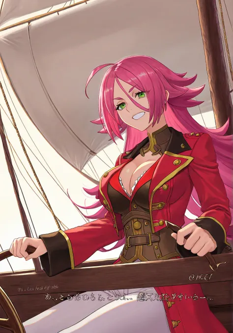 High resolution,  masterpiece, necessary,  The best quality, Detail, quality,  lyrics,  very detailed, Desde un lado, 

1girl, solo,

Francis drake, francis drake fate  grand order,  long hair , pink hair, white pants, smile, Ojos cerrados, Feliz, Dientes,...