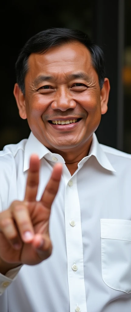 President of the Republic of Indonesia Prabowo Subianto, facing the camera, smiling, wearing a white safari shirt, wearing a p co President, Republic of Indonesia Prabowo Subianto, facing the camera, smiling, beautiful, leica, photographic film, 8k, realis...