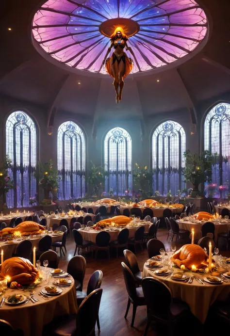 (He Man and the Masters of the Universe) He-Man, Teela, Orko, and several other good guy Eternians are celebrating thanksgiving in a large banquet hall. Skeletor plots outside window