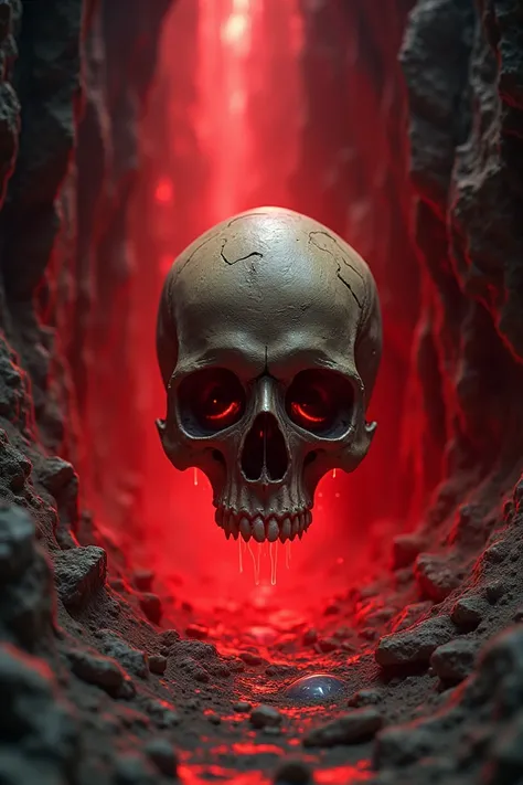 The skull emitting red light ,  as the cave begins to crumble.
