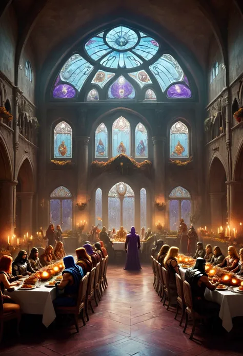 a detailed epic illustration, a group of superheroes celebrating thanksgiving feast in a grand hall, he-man, teela, orko and other good guy eternians enjoying a large banquet, skeletor watching and plotting outside the window, intricate detailed lighting, ...