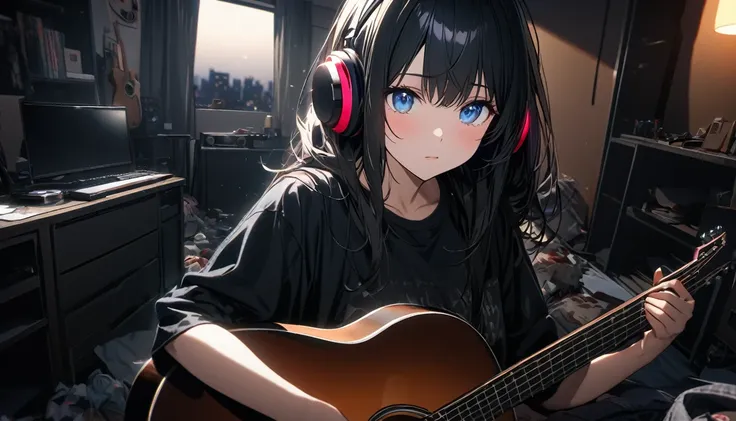  high definition ,  very delicate ,  super detailed,8k,  upper body,  messy room , Apartment, 1 woman in her late 20s ( playing an acoustic guitar are the :1.1) (( blue eyes)) ((( semi-long、Are shiny, glossy black hair ))) (((( headphones are properly worn...