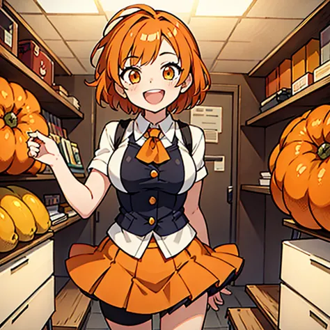 1girl orange hair short hair orange eyes skirt laughing