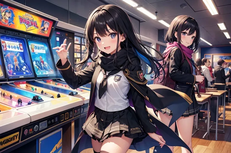 High image quality, high resolution, smooth gradation, vivid colors, Pinball in the game corner, a girl excited to play and another girl hitting the table, a scarf, a black cloak, a black student uniform, black stockings, black lace-up shoes, school bag, b...