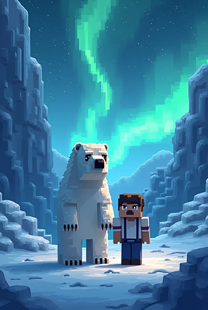  Minecraft style 、 Minecraft、 pixel 、8bit、Above the glacier 、Ice World、  Minecraft polar bear with standing avatar、アバターが立っている、The background is the aurora、night