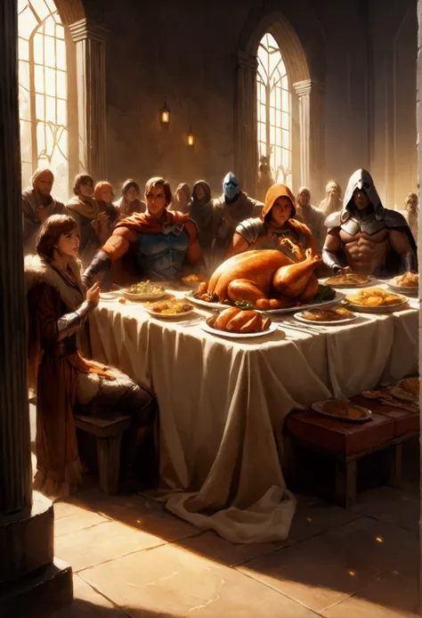 a detailed epic illustration, a group of superheroes celebrating thanksgiving feast in a grand hall, he-man, teela, orko and other good guy eternians enjoying a large banquet, skeletor watching and plotting outside the window, intricate detailed lighting, ...