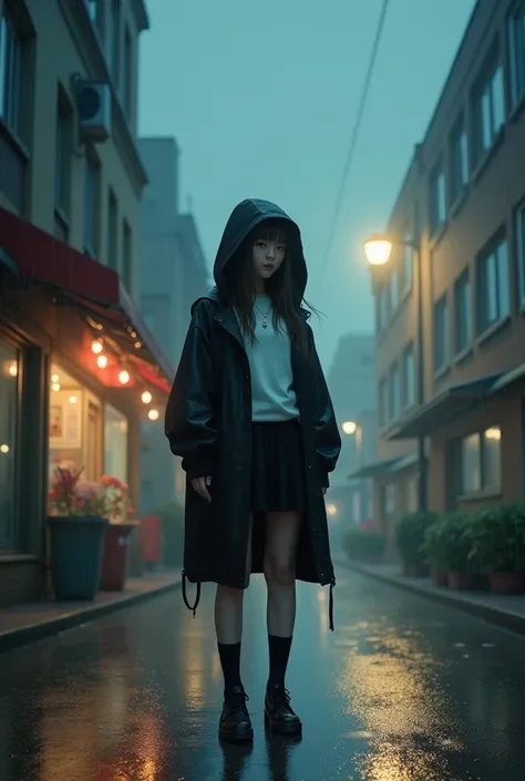 8K, masterpiece, best quality, ultra-detailed, photorealistic, extremely detailed face, cinematic lighting, ray tracing, unlit hair, on a cloudy street, corner shop, foggy heavy rain, long hair, Girl standing under a streetlight, she is wearing a black con...