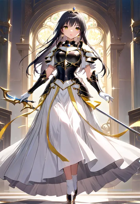 ((masterpiece)),  best quality,  Very detailed,( one girl who is at ease),Yui Kotegawa,  yellow eyes, Long Hair,  black hair,  dress, (( white knee socks like Arcelle )), Gloves,  jewelry,  clevis,  princess your toddler, elbow Gloves,  tiara , brooch, whi...