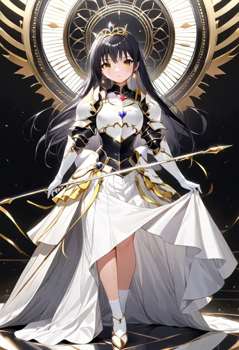 ((masterpiece)),  best quality,  Very detailed,( one girl who is at ease),Yui Kotegawa,  yellow eyes, Long Hair,  black hair,  dress, (( white knee socks like Arcelle )), Gloves,  jewelry,  clevis,  princess your toddler, elbow Gloves,  tiara , brooch, whi...