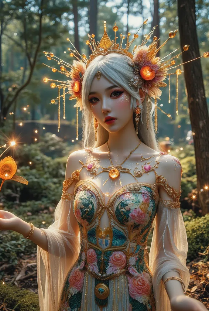 ethereal elf princess,extremely detailed eyes and face,long eyelashes,beautiful detailed lips, flowing white hair, wearing a stu...