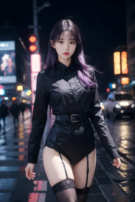 (1 Korean girl), masterpiece, photo realistic, 8k, ( realistic: 1.2), whole body,  viewer view , Stockings,  purple hair , (Kafka: 1.2), walking, beauty, ( medium bust : 1.2) night, night 하늘, city, city풍경, rain, (dramatic: 1.2)
