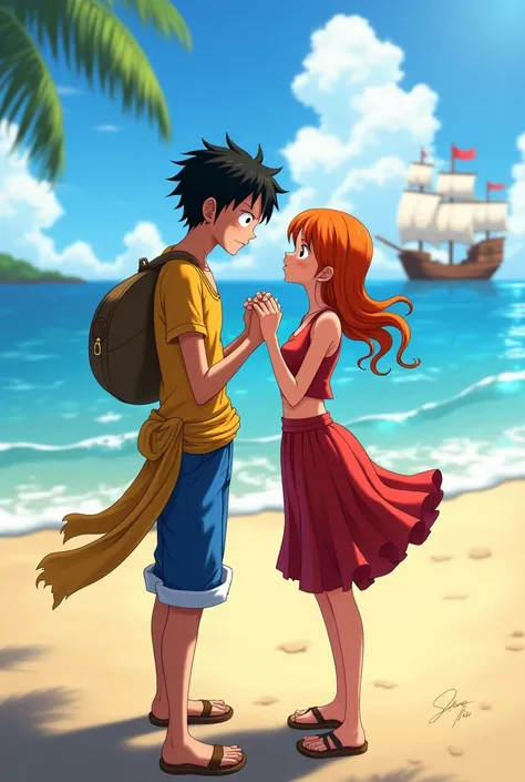 Create an image of Luffy and Nami from One Piece getting together