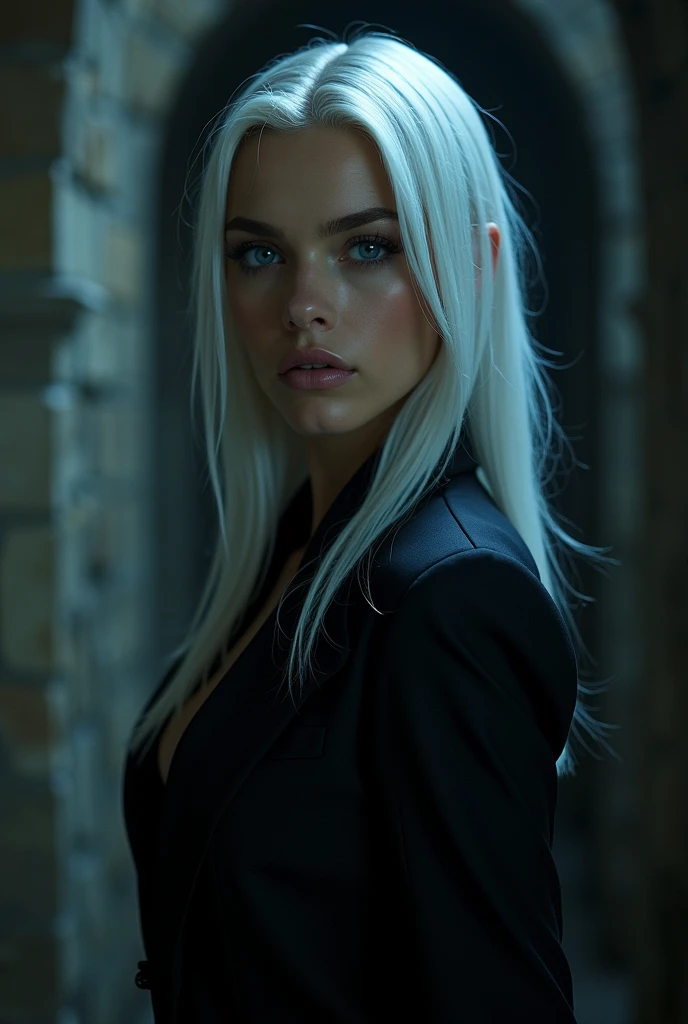 portrait, masterpiece, sexy female Dracula, sexy eye, blue eyes, white strait hair, dracula suit, long fangs, is walking in the silent tomb, night time, cinematic light,
