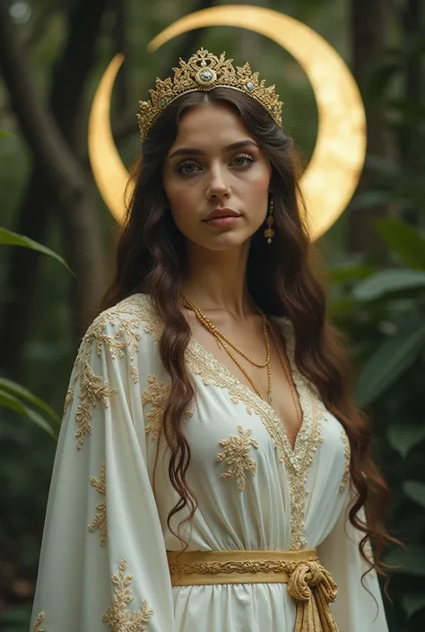 21 yo woman, The Moon Goddess, White robes embroidered with  gold thread, symbolism representing Moon worship, tiara, crescent moon, godly glow, forest, moonlight, art nouveau, pre-raphaelite