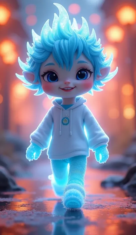 Portrait of a cute  with a clear and icy look in a white and blue shirt.   The character has a humanoid form with a friendly, smiling expression and appears to be walking in a fiery, vibrant, fantasy environment with warm lights and a glowing, dreamlike ba...