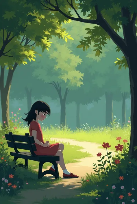 An adolescent girl looks lonely on a park bench