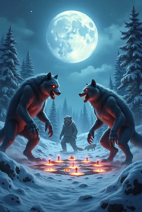 I want to create a image about Werewolf board game with winter version and have a name of board game in it. Have a name Werewolf version winter in the picture and make it more real