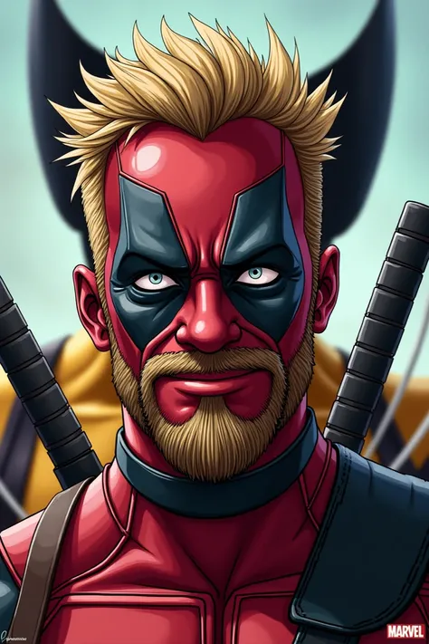 Deadpool without the mask spiky hair with short beard and mustache with Wolverine in the background 