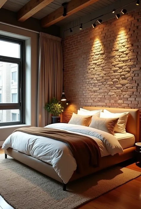 modern, industrial-style bedroom with a cozy and luxurious ambiance. The centerpiece is a low-profile bed with white bedding and warm brown accents, layered with soft blankets and plush pillows for added comfort. Behind the bed, a textured brick wall serve...